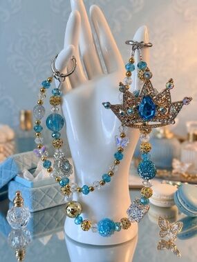 Gold and Blue Crown Beaded Bag Charm
